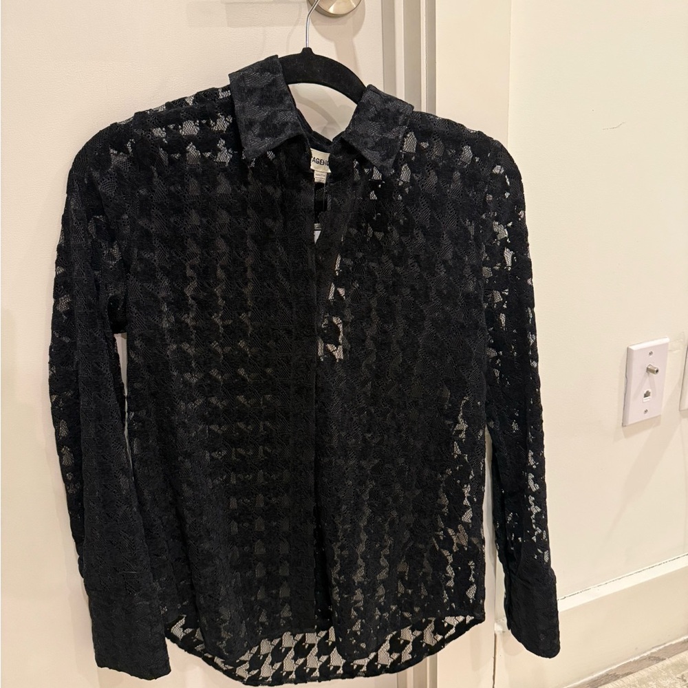 L'AGENCE Black Sheer Houndstooth-Textured Button Shirt - Picture 3 of 6